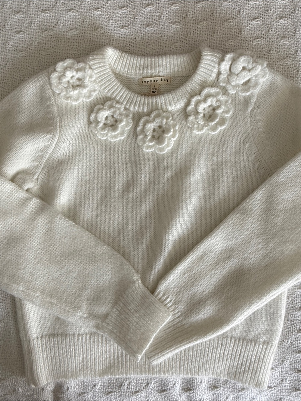 Copper Key Ivory Crewneck Sweater with Crochet Floral Detail